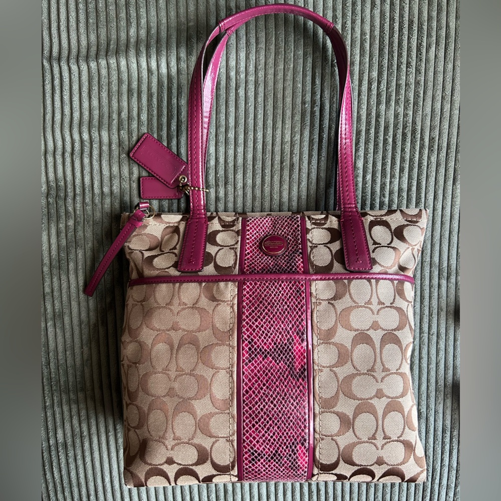 Coach Signature Tote Bag - Magenta Python and Tan